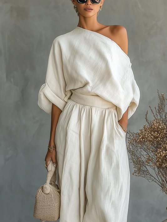 White™ -Conjunto de blusa suelta de lino color marfil con hombros descubiertos y pantalones de pierna entallada