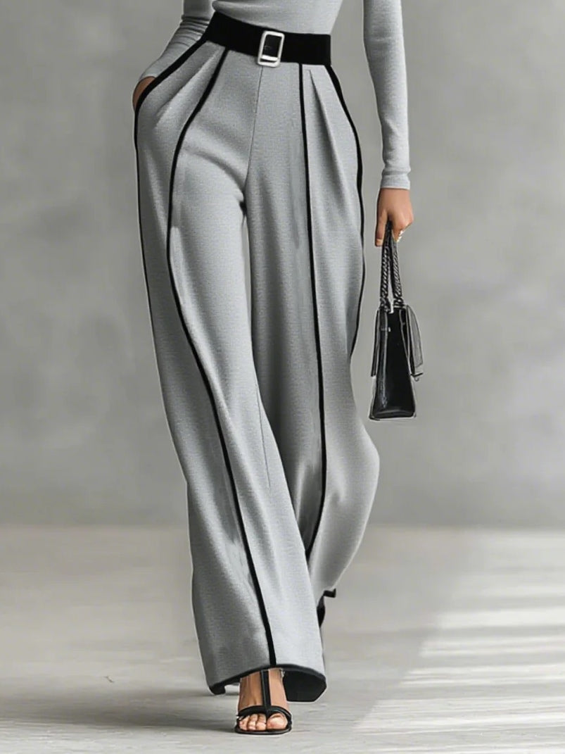 Blise™ -Conjunto de top de cuello alto de manga larga con ribete blanco y pantalón de pierna ancha con cinturón