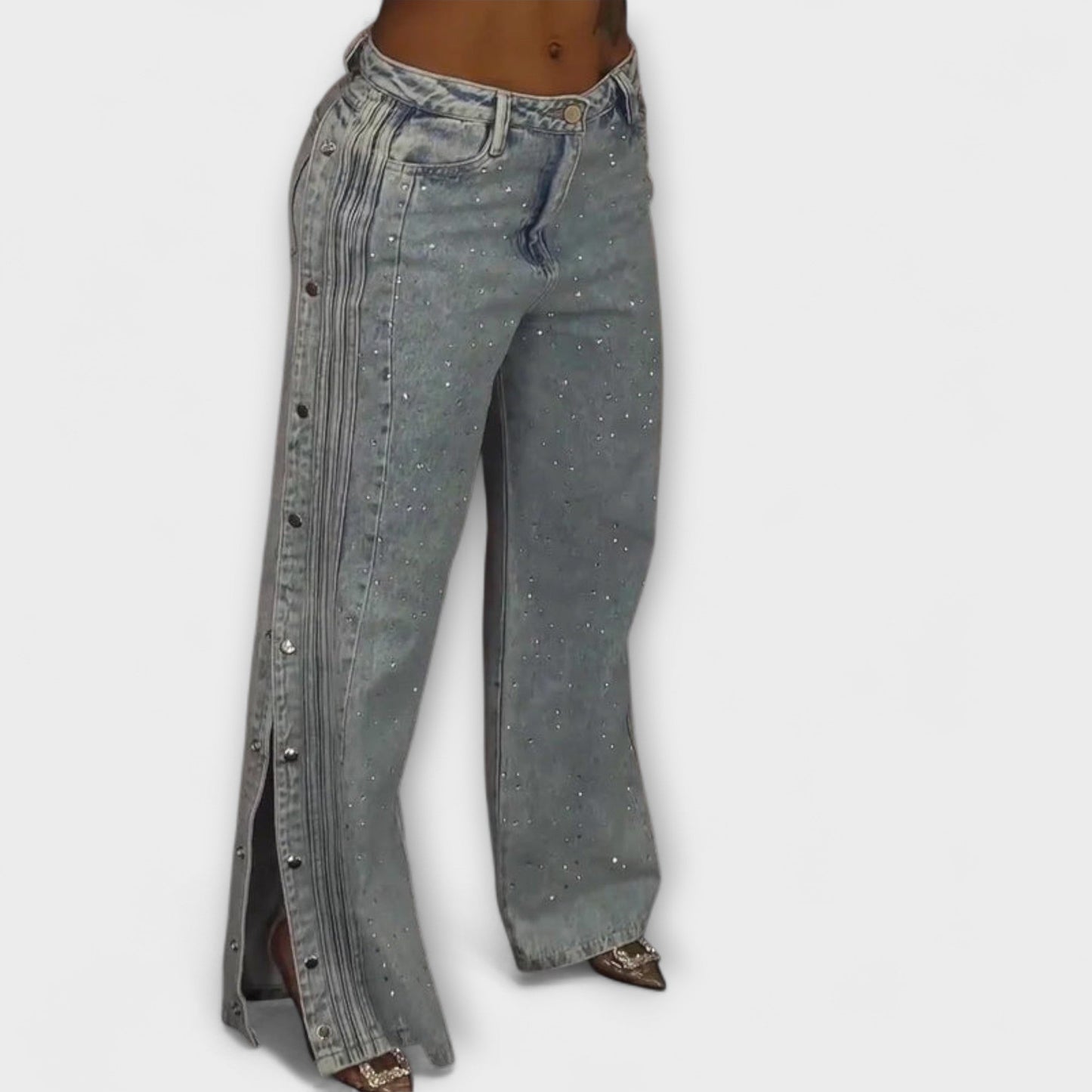 Zoey™ - Jeans de tiro alto decorados con strass y botones en los costados