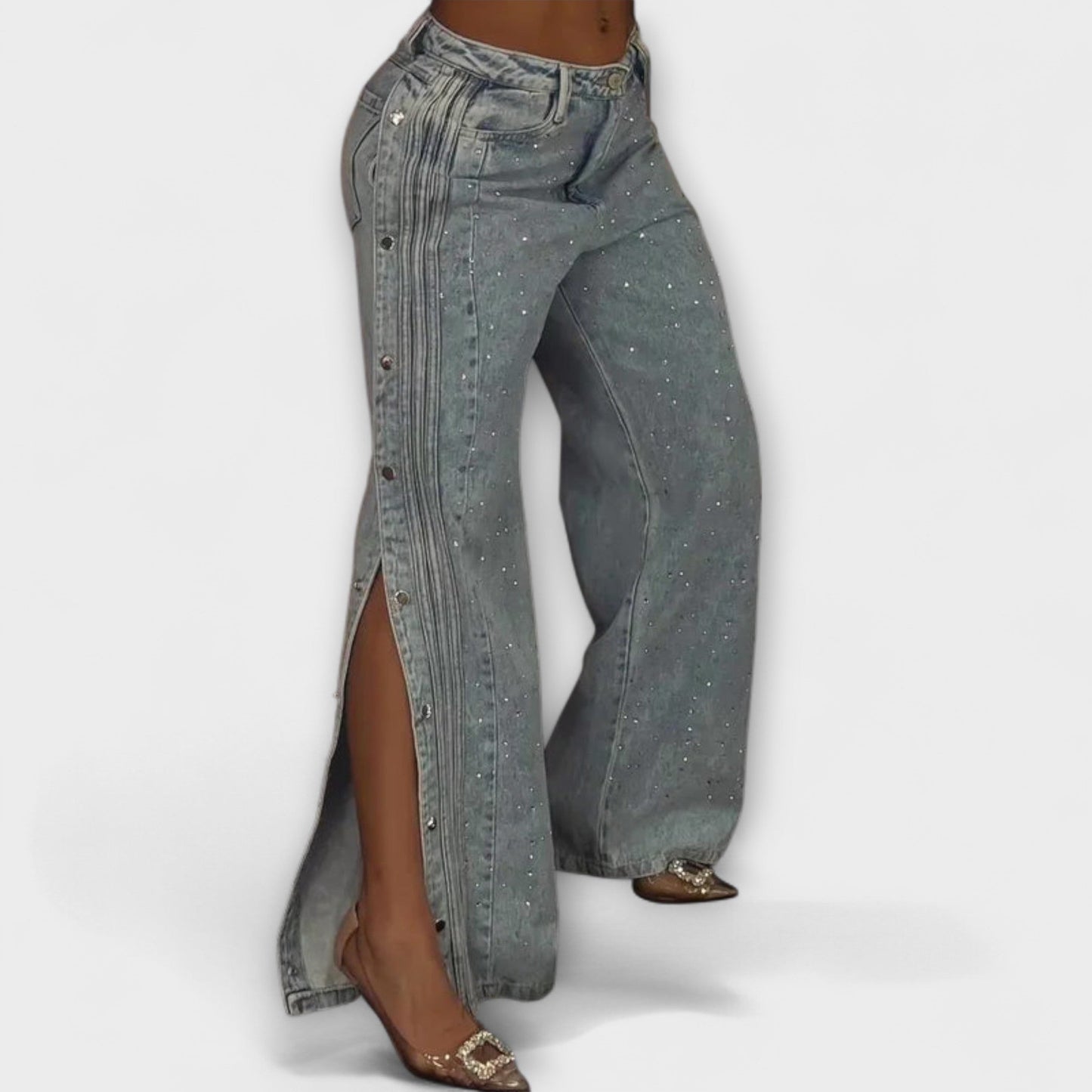 Zoey™ - Jeans de tiro alto decorados con strass y botones en los costados