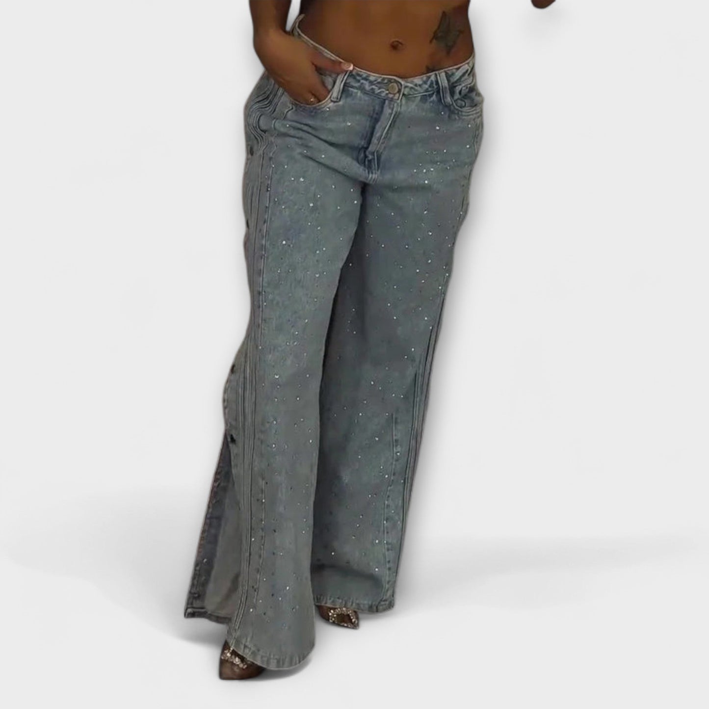 Zoey™ - Jeans de tiro alto decorados con strass y botones en los costados
