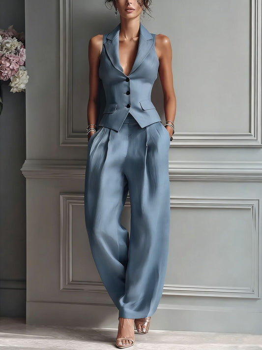 Conjunto de Dos Piezas para Mujer con Cuello en V y Botones