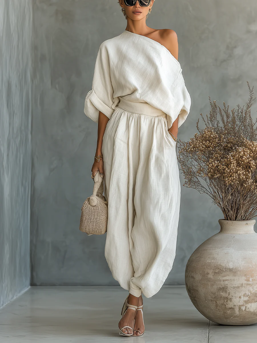 White™ -Conjunto de blusa suelta de lino color marfil con hombros descubiertos y pantalones de pierna entallada
