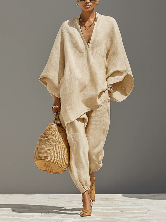 Beach™ -Conjunto Minimalista en Caki Claro con Top y Pantalones
