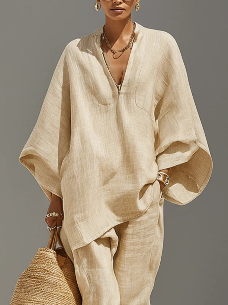 Beach™ -Conjunto Minimalista en Caki Claro con Top y Pantalones