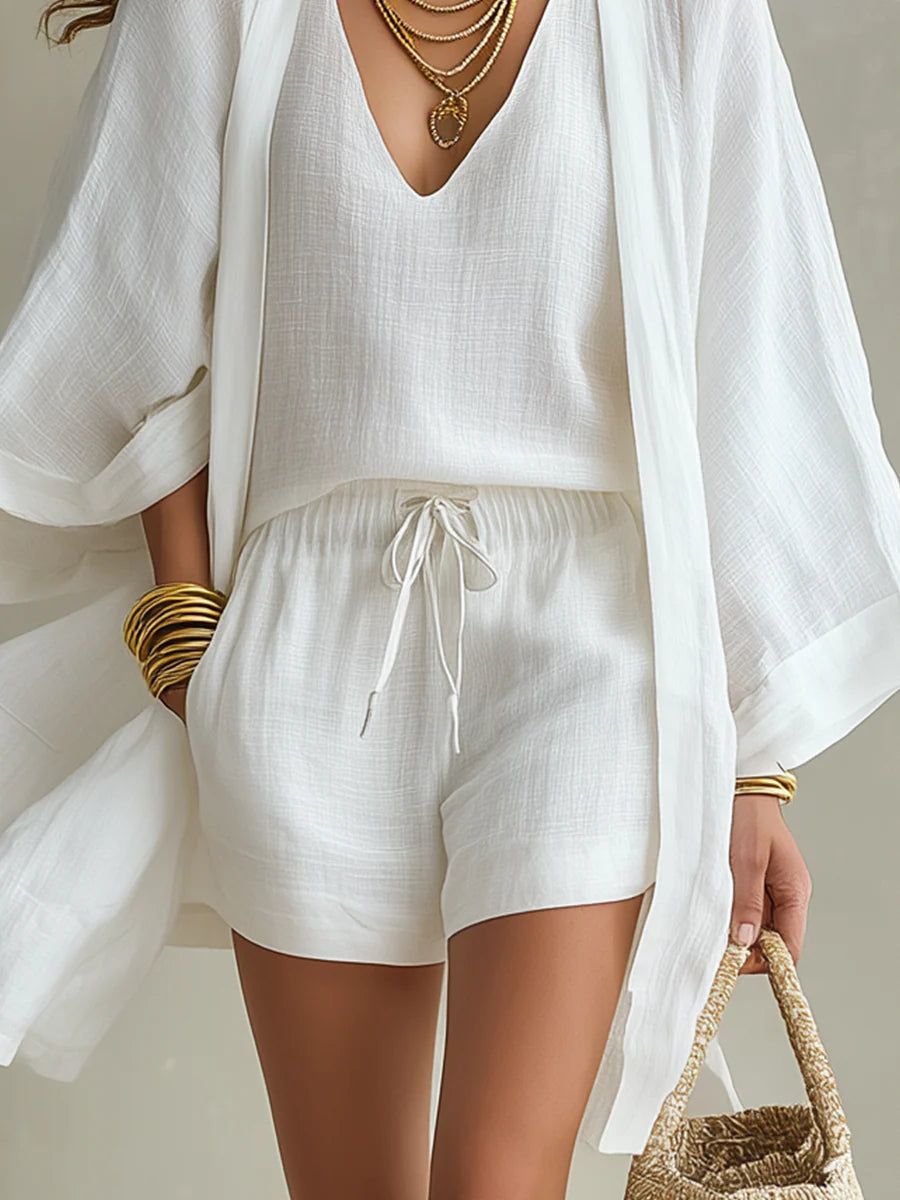 Estrella™ -Conjunto de Tres Piezas: Cardigan Blanco Holgado y Pantalones Cortos Cordón