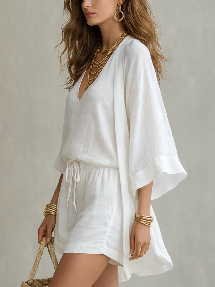 Estrella™ -Conjunto de Tres Piezas: Cardigan Blanco Holgado y Pantalones Cortos Cordón