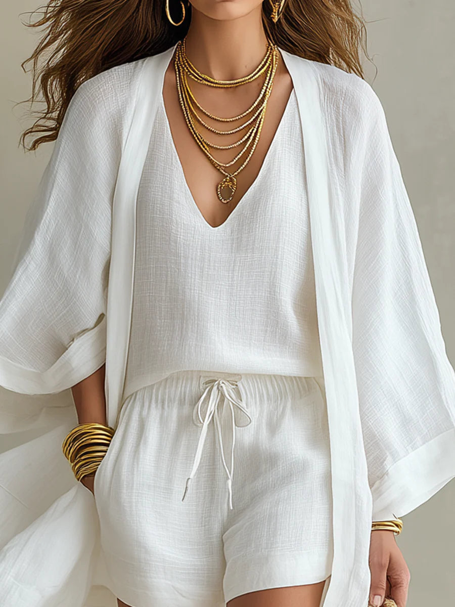 Estrella™ -Conjunto de Tres Piezas: Cardigan Blanco Holgado y Pantalones Cortos Cordón