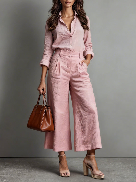 Espe™ -Conjunto de Lino con Pantalones Capri Rosa y Camisa Holgada