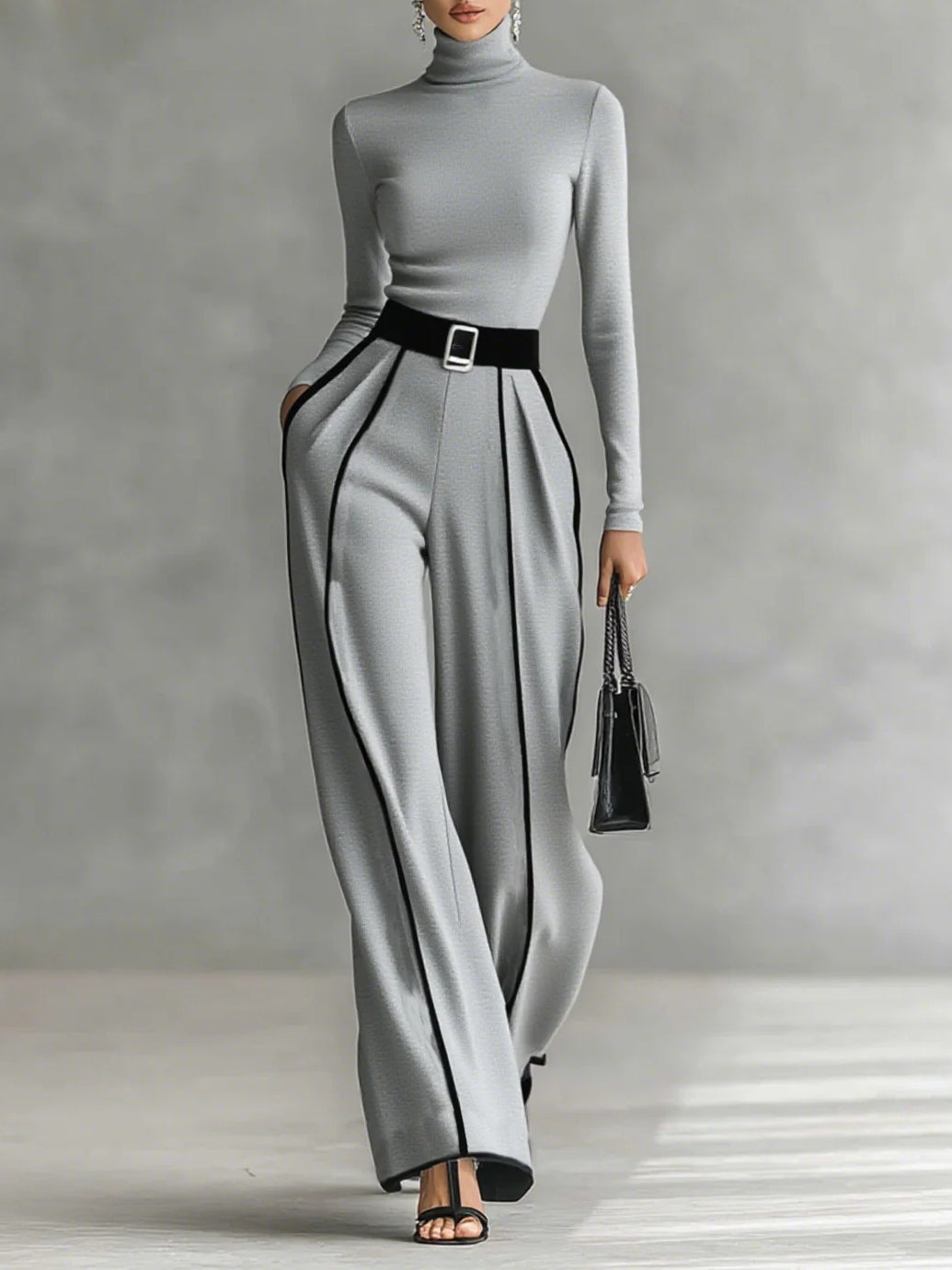 Blise™ -Conjunto de top de cuello alto de manga larga con ribete blanco y pantalón de pierna ancha con cinturón