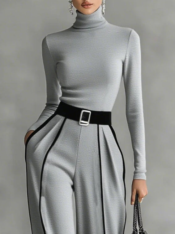 Blise™ -Conjunto de top de cuello alto de manga larga con ribete blanco y pantalón de pierna ancha con cinturón