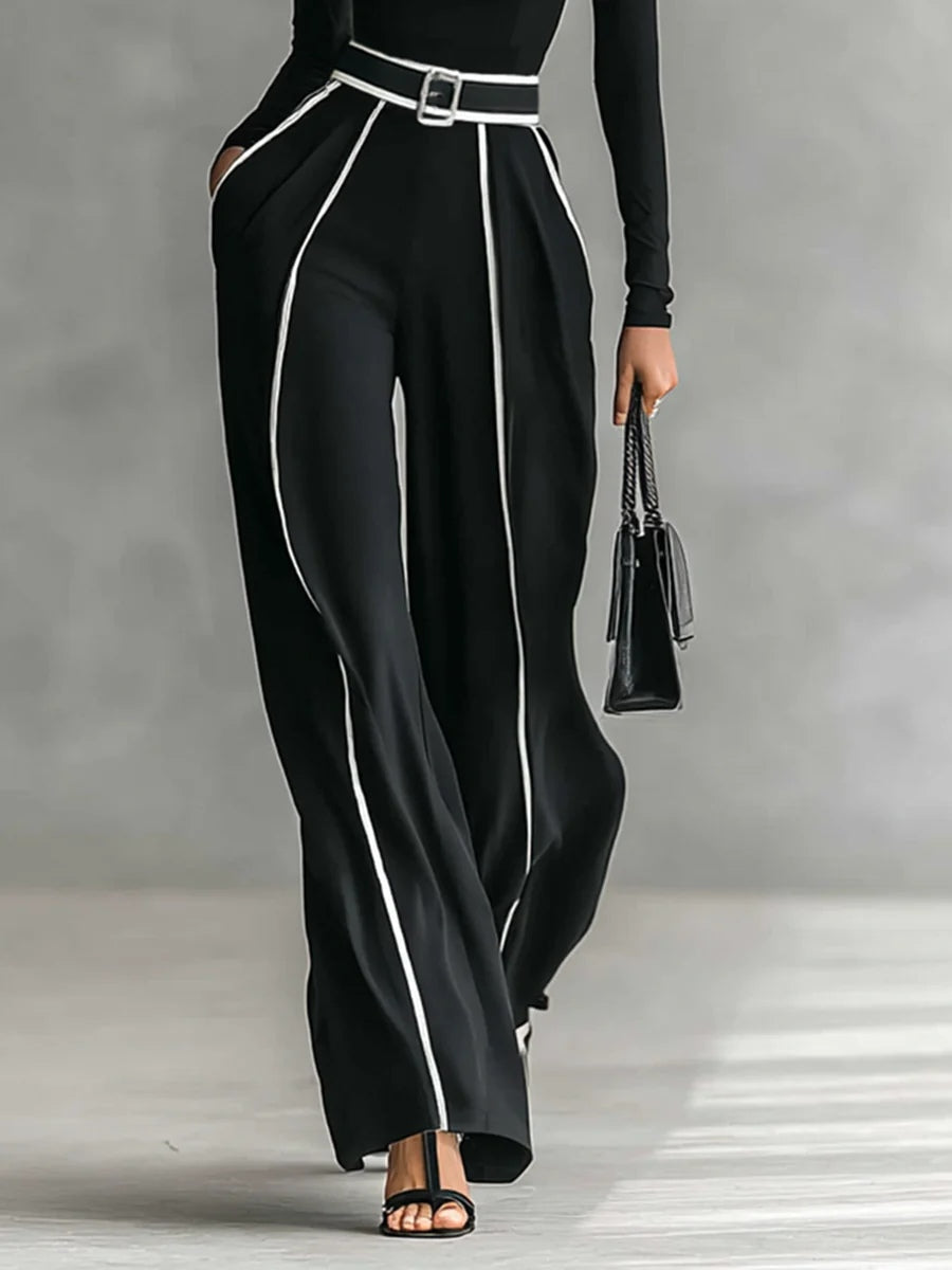 Blise™ -Conjunto de top de cuello alto de manga larga con ribete blanco y pantalón de pierna ancha con cinturón