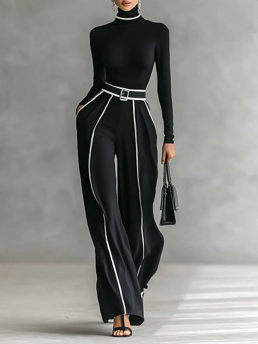 Blise™ -Conjunto de top de cuello alto de manga larga con ribete blanco y pantalón de pierna ancha con cinturón