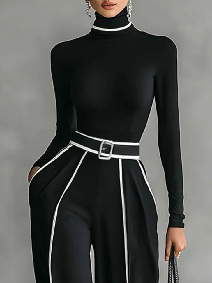 Blise™ -Conjunto de top de cuello alto de manga larga con ribete blanco y pantalón de pierna ancha con cinturón