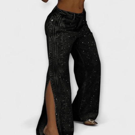 Zoey™ - Jeans de tiro alto decorados con strass y botones en los costados