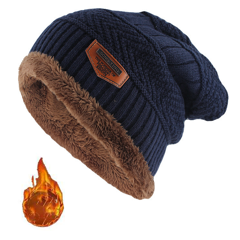 Gorro de punto de cuero para hombres, invierno, con etiqueta, estilo slouchy, forrado de felpa gruesa